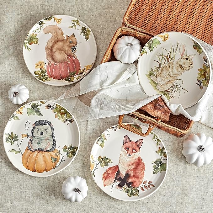 Bico Woodland Critters Ceramic Salad Plates, 8.75 inch, Set of 4, for Salad, Appetizer, Microwave & Dishwasher Safe